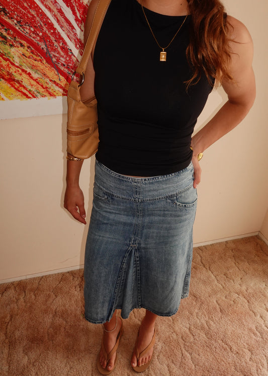 THICK WAIST DENIM MIDI SKIRT