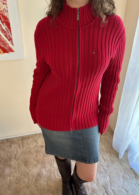 TOMMY HILFIGER RED KNIT ZIP JACKET