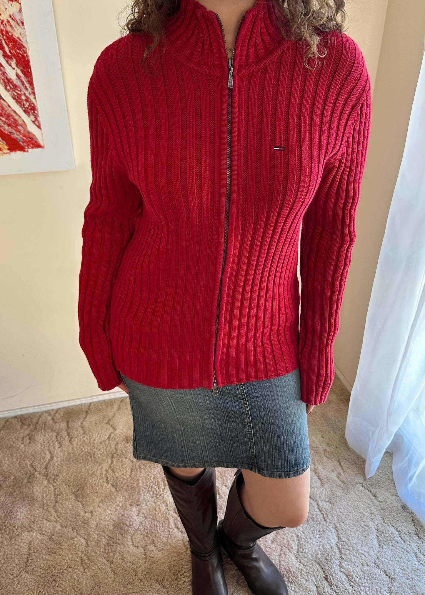 TOMMY HILFIGER RED KNIT ZIP JACKET