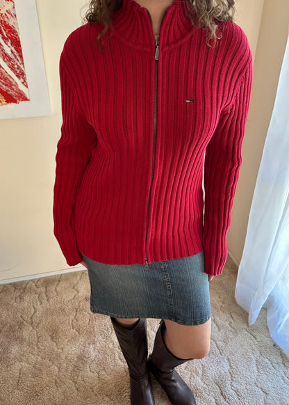 TOMMY HILFIGER RED KNIT ZIP JACKET