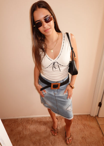 DENIM MIDI SKIRT WITH LACE DETAILS