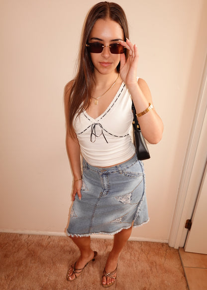 DENIM MIDI SKIRT WITH LACE DETAILS