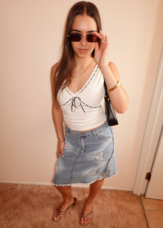 DENIM MIDI SKIRT WITH LACE DETAILS