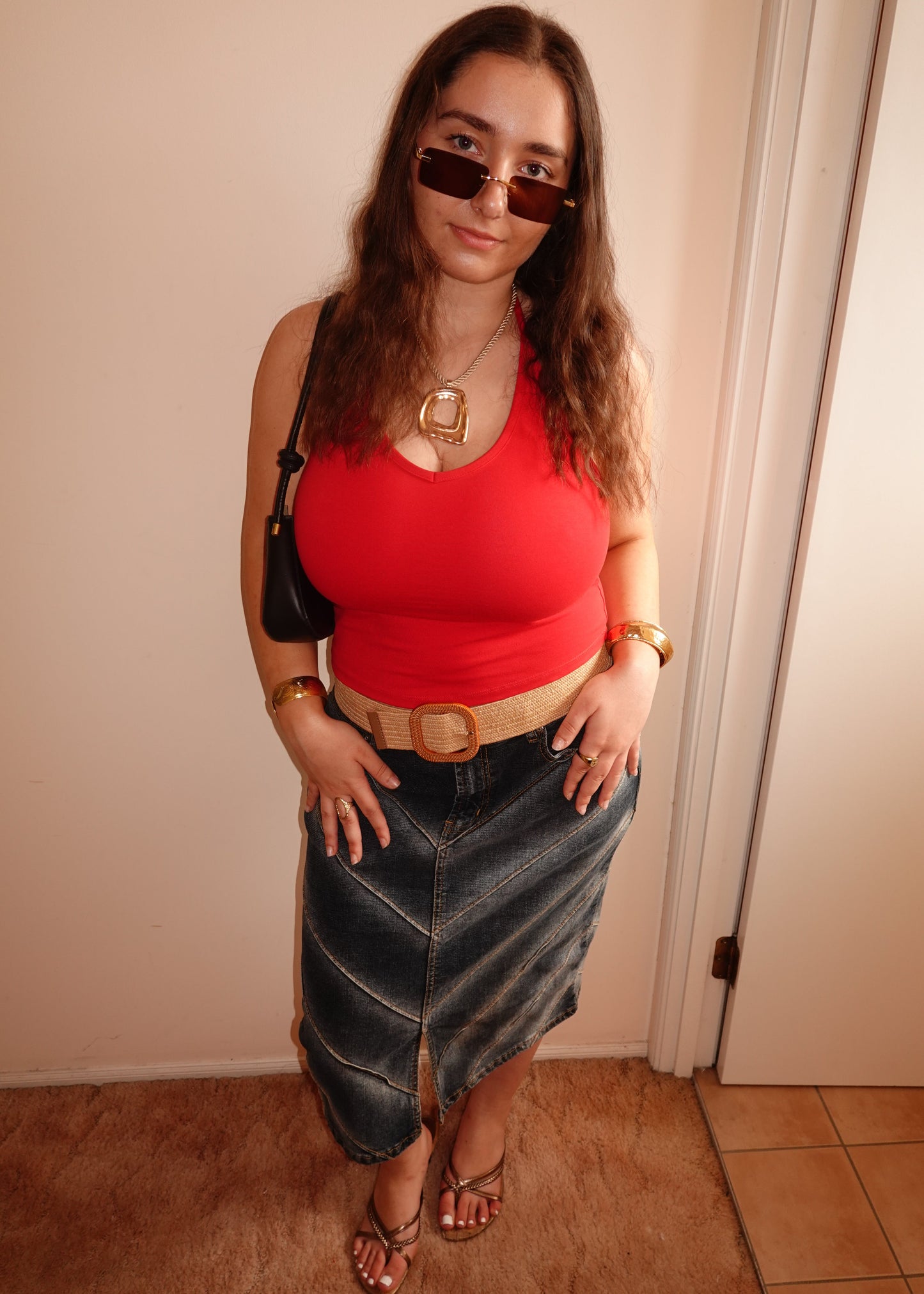 CHEVRON DENIM MIDI SKIRT