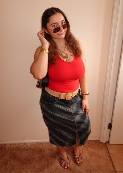 CHEVRON DENIM MIDI SKIRT