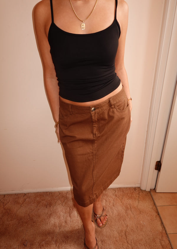 CHOCOLATE DENIM MIDI SKIRT