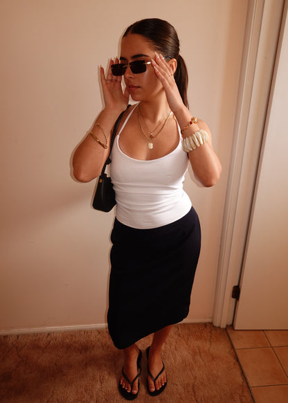 NAVY BLUE TAILORED MIDI SKIRT