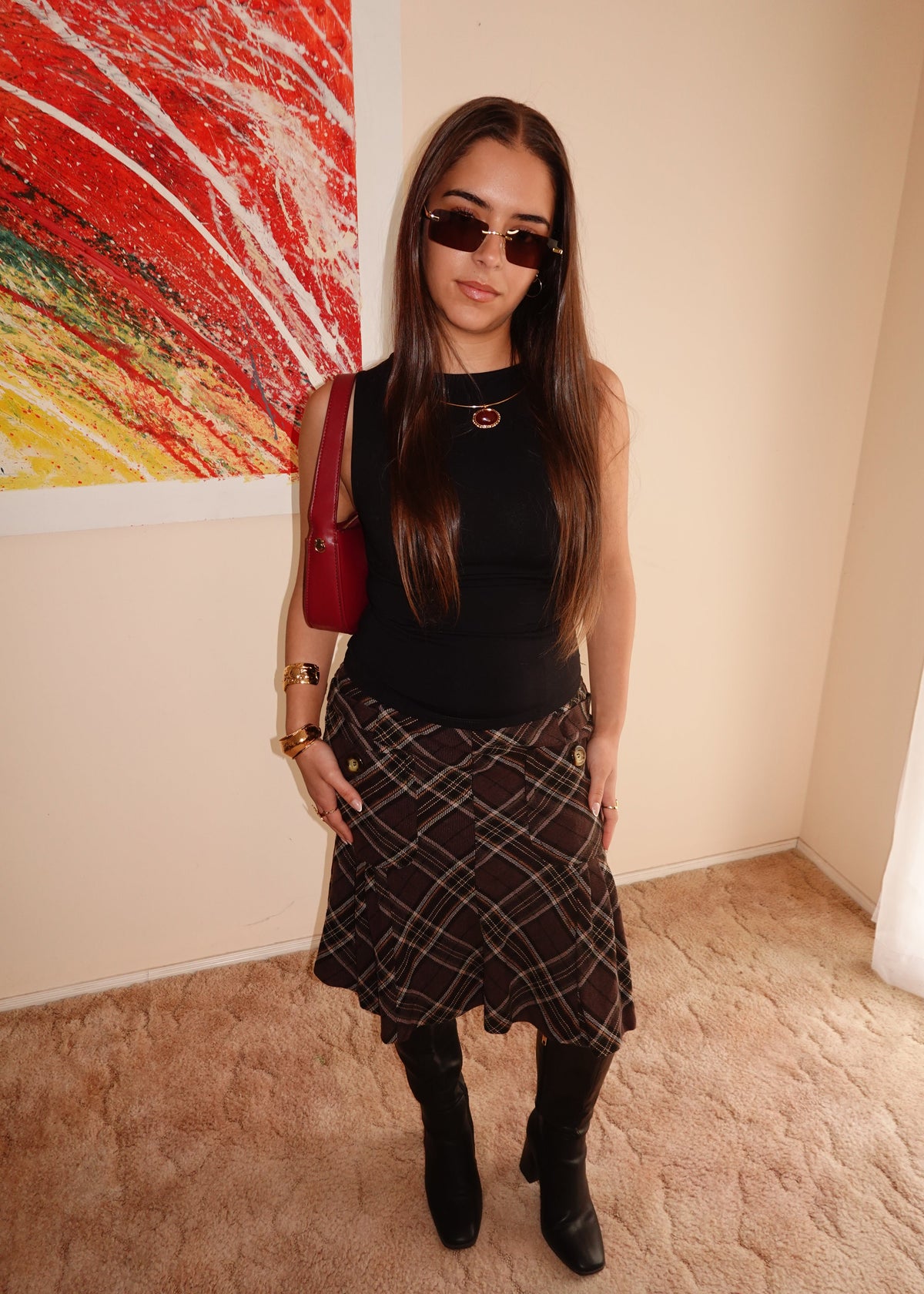 BROWN PLAID MIDI SKIRT
