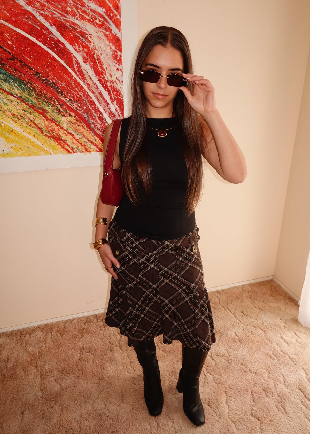 BROWN PLAID MIDI SKIRT