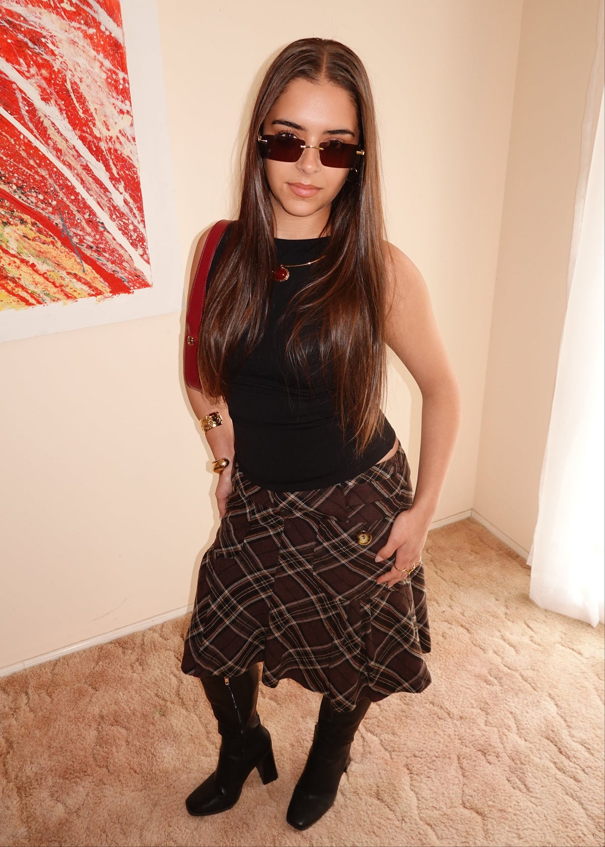 BROWN PLAID MIDI SKIRT