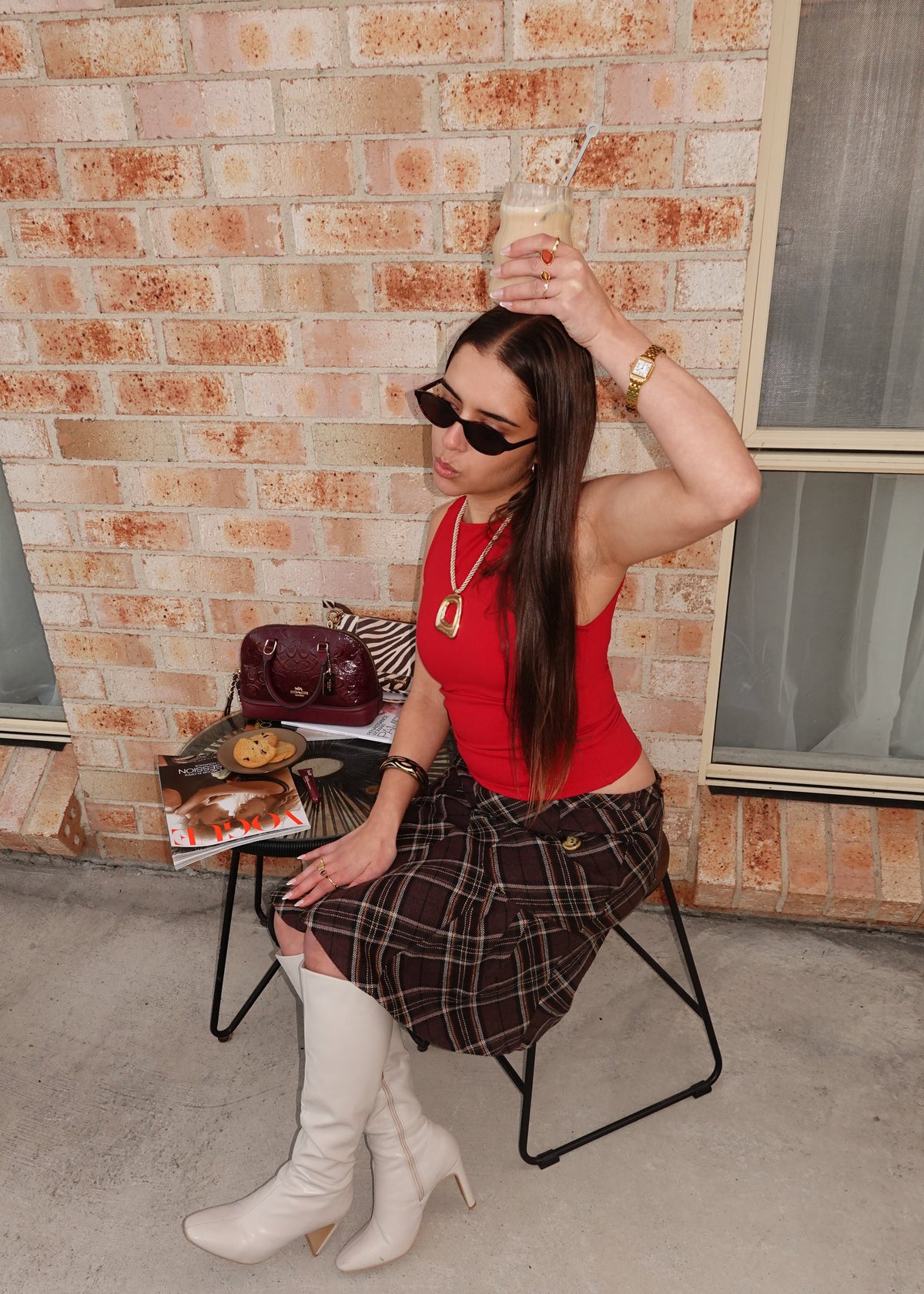BROWN PLAID MIDI SKIRT