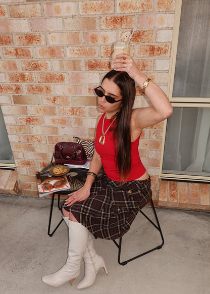 BROWN PLAID MIDI SKIRT