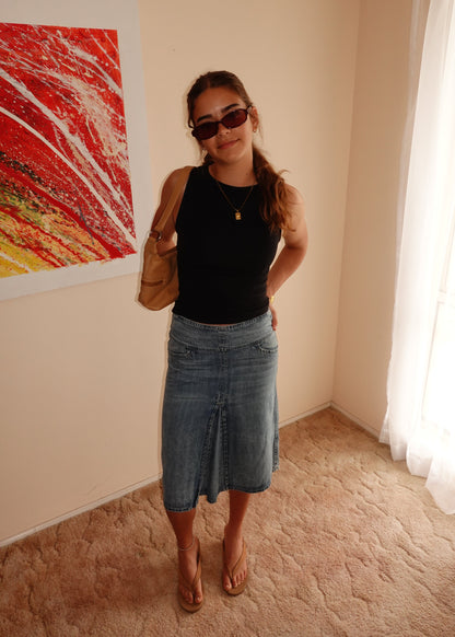 THICK WAIST DENIM MIDI SKIRT