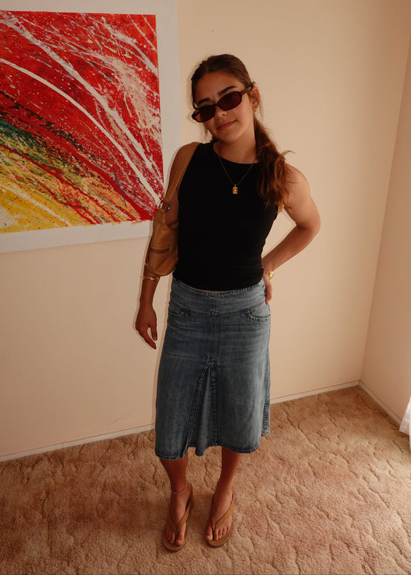 THICK WAIST DENIM MIDI SKIRT