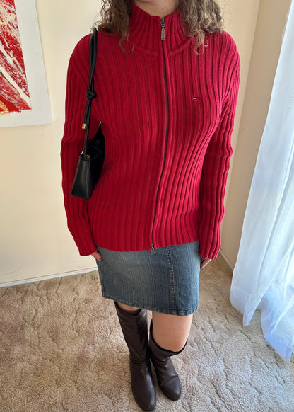 TOMMY HILFIGER RED KNIT ZIP JACKET