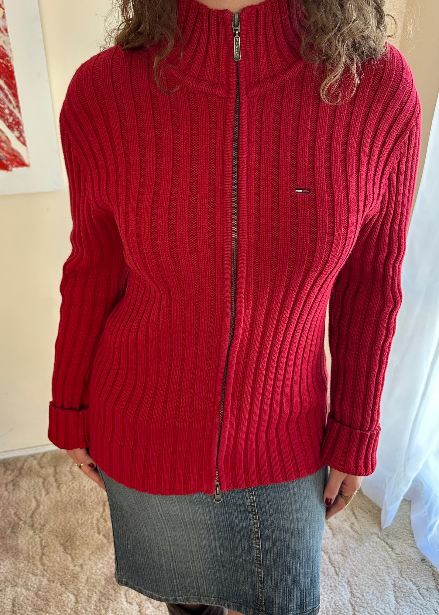 TOMMY HILFIGER RED KNIT ZIP JACKET