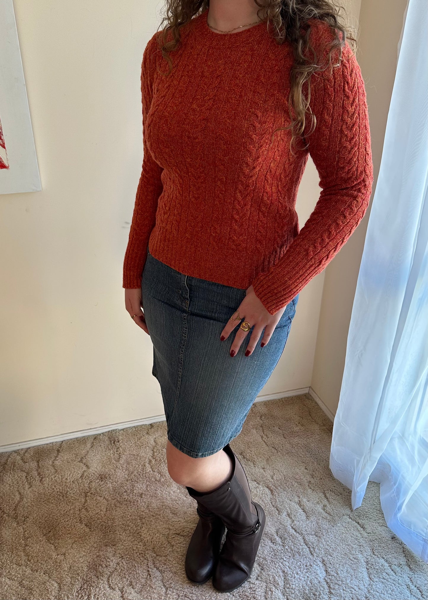 BURNT ORANGE CABLE KNIT SWEATER