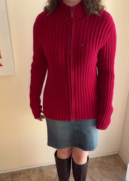 TOMMY HILFIGER RED KNIT ZIP JACKET