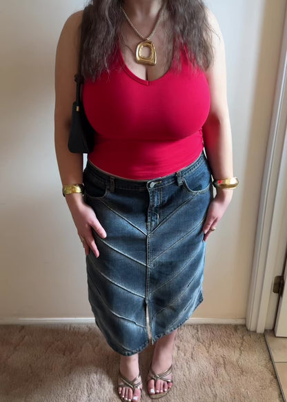 CHEVRON DENIM MIDI SKIRT
