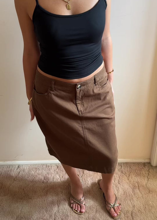 CHOCOLATE DENIM MIDI SKIRT