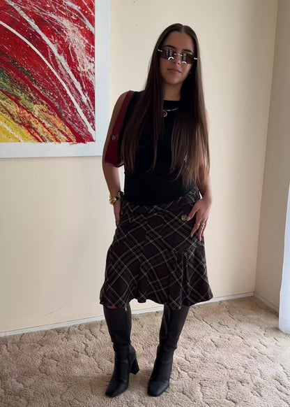 BROWN PLAID MIDI SKIRT