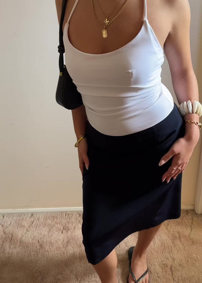 NAVY BLUE TAILORED MIDI SKIRT